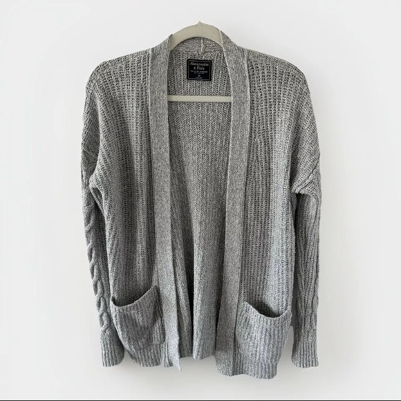 Abercrombie & Fitch Open Cardigan Sweater Gray Cable Knit Pockets Vintage Y2K 90 - Picture 1 of 8